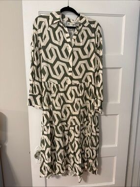 H&M Olive & Cream Geometric Shirt Midi Dress